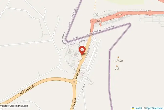 Close-up map showing a border crossing point with marker at the selected land port of entry between United Arab Emirates and Oman