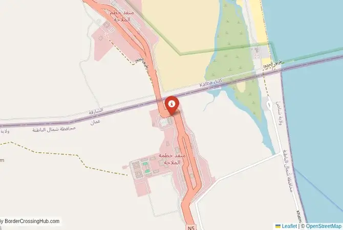 Close-up map showing a border crossing point with marker at the selected land port of entry between United Arab Emirates and Oman