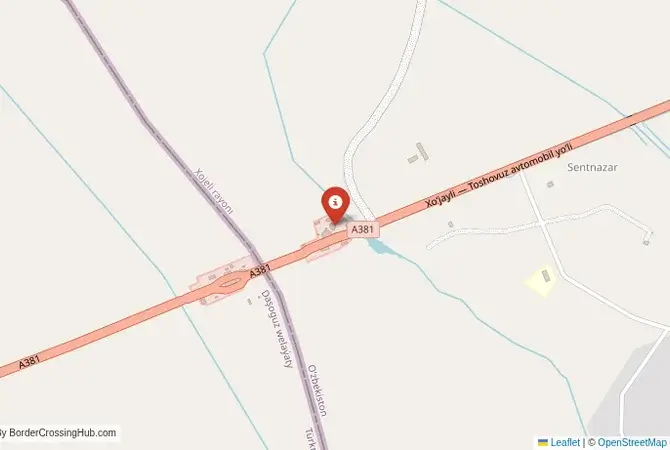 Close-up map showing a border crossing point with marker at the selected land port of entry between Turkmenistan and Uzbekistan