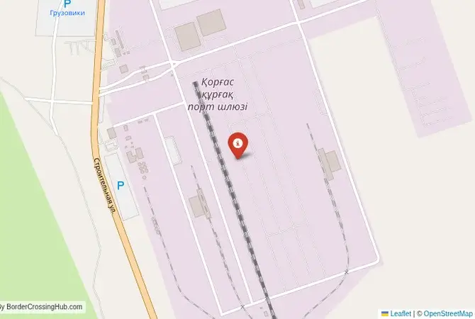 Close-up map showing a border crossing point with marker at the selected land port of entry between Kazakhstan and China