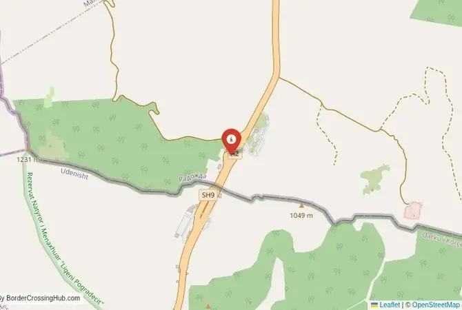 Close-up map showing a border crossing point with marker at the selected land port of entry between Albania and North Macedonia