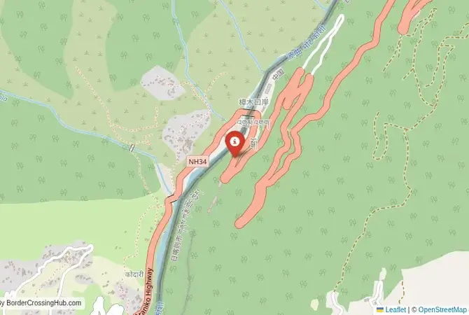 Close-up map showing a border crossing point with marker at the selected land port of entry between Nepal and China
