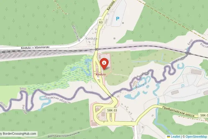 Close-up map showing a border crossing point with marker at the selected land port of entry between Russia and Estonia