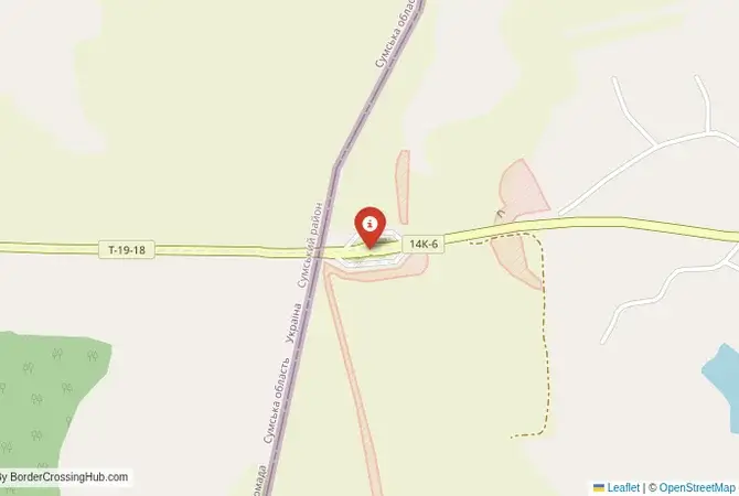 Close-up map showing a border crossing point with marker at the selected land port of entry between Ukraine and Russia