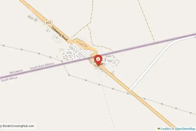 Close-up map showing a border crossing point with marker at the selected land port of entry between South Africa and Botswana