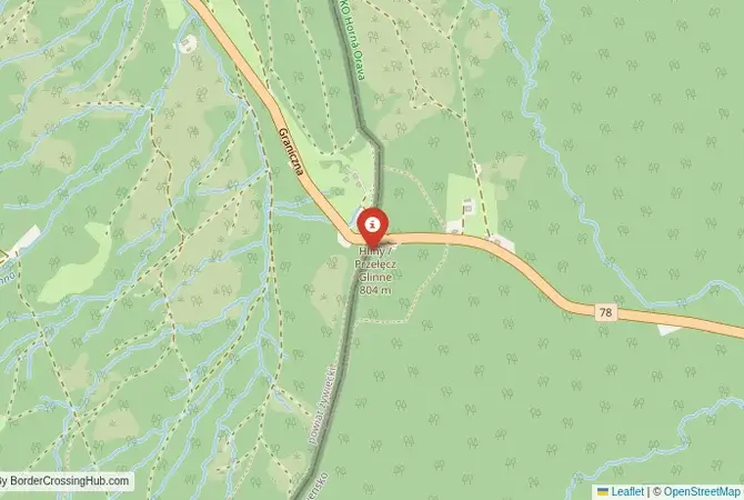 Close-up map showing a border crossing point with marker at the selected land port of entry between Slovakia and Poland