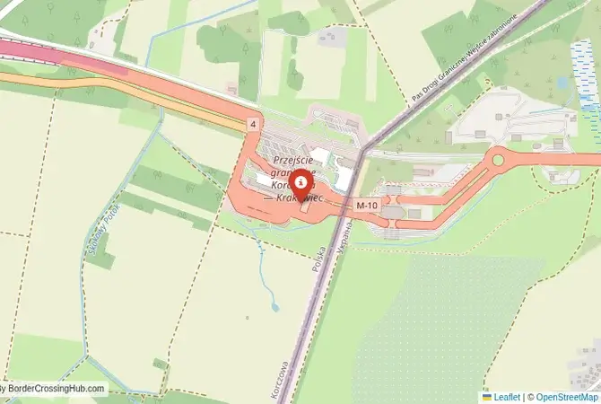 Close-up map showing a border crossing point with marker at the selected land port of entry between Ukraine and Poland