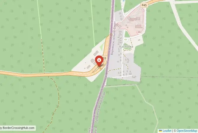 Close-up map showing a border crossing point with marker at the selected land port of entry between Belarus and Lithuania