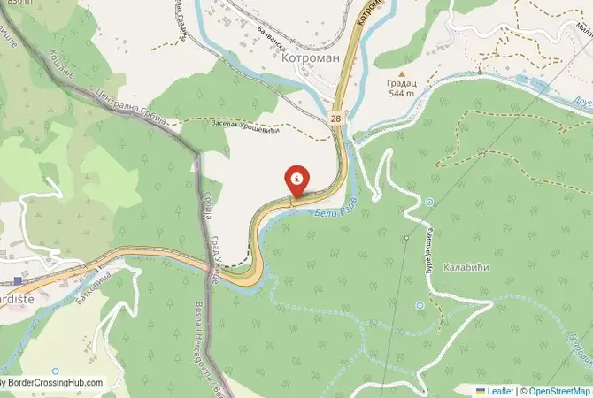 Close-up map showing a border crossing point with marker at the selected land port of entry between Bosnia and Herzegovina and Serbia