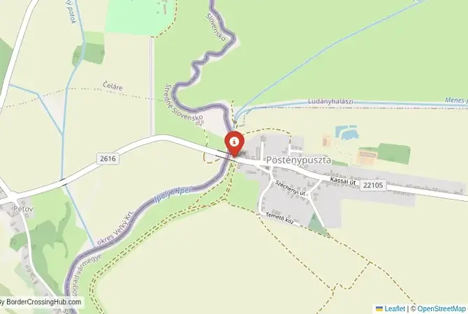 Close-up map showing a border crossing point with marker at the selected land port of entry between Slovakia and Hungary