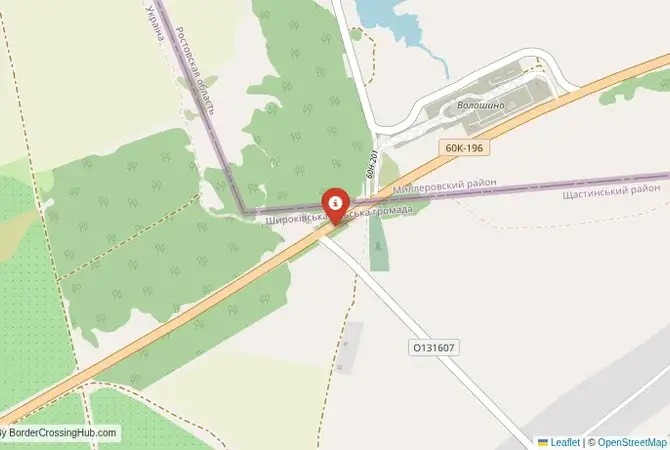 Close-up map showing a border crossing point with marker at the selected land port of entry between Ukraine and Russia