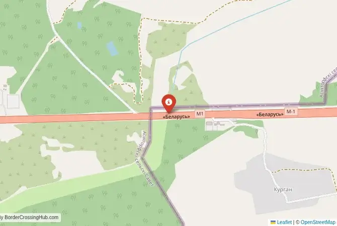 Close-up map showing a border crossing point with marker at the selected land port of entry between Belarus and Russia