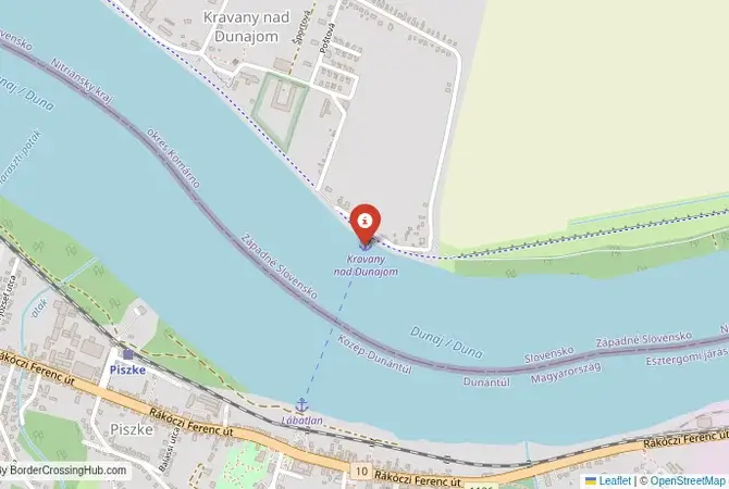 Close-up map showing a border crossing point with marker at the selected land port of entry between Slovakia and Hungary