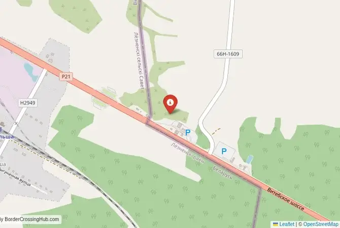 Close-up map showing a border crossing point with marker at the selected land port of entry between Belarus and Russia