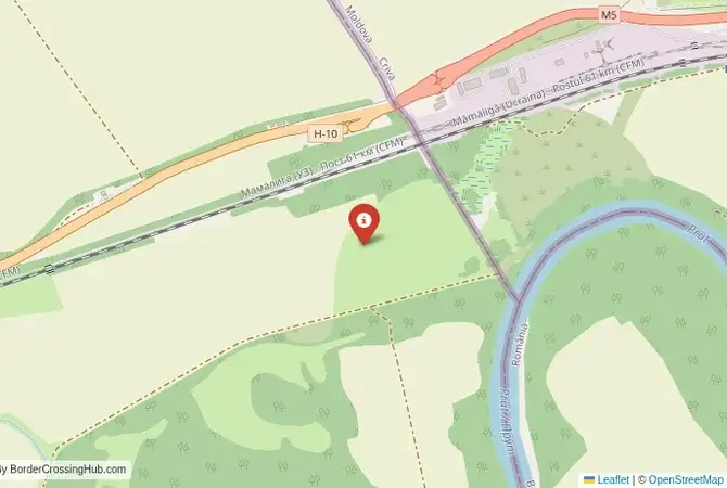 Close-up map showing a border crossing point with marker at the selected land port of entry between Moldova and Ukraine