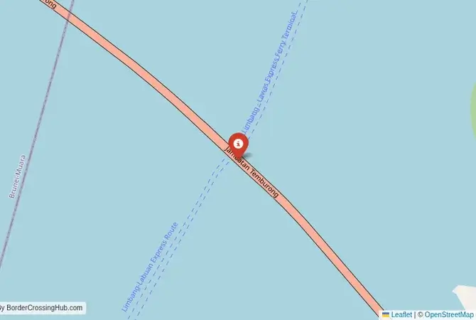 Close-up map showing a border crossing point with marker at the selected land port of entry between Brunei and Malaysia