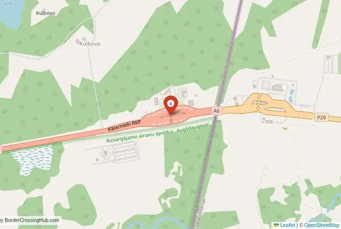 Close-up map showing a border crossing point with marker at the selected land port of entry between Belarus and Latvia