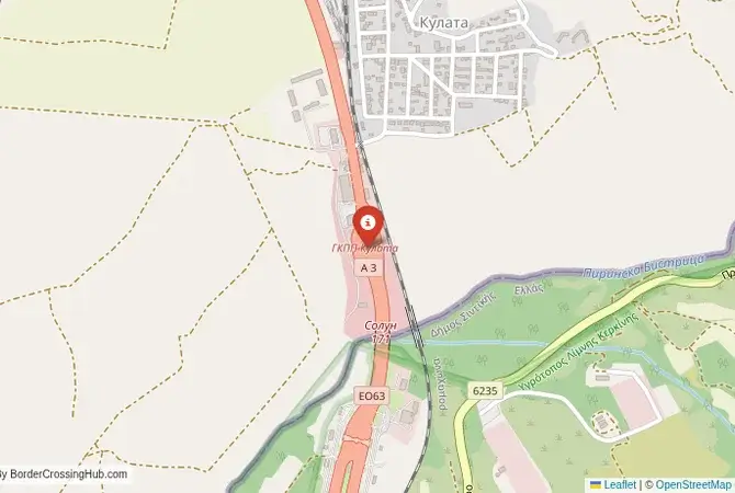 Close-up map showing a border crossing point with marker at the selected land port of entry between Bulgaria and Greece