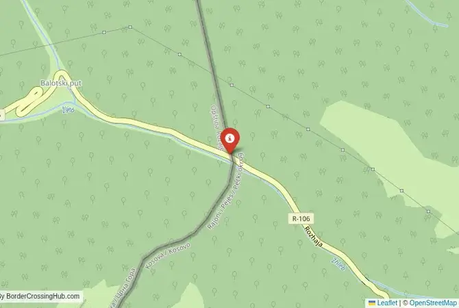 Close-up map showing a border crossing point with marker at the selected land port of entry between Kosovo and Montenegro