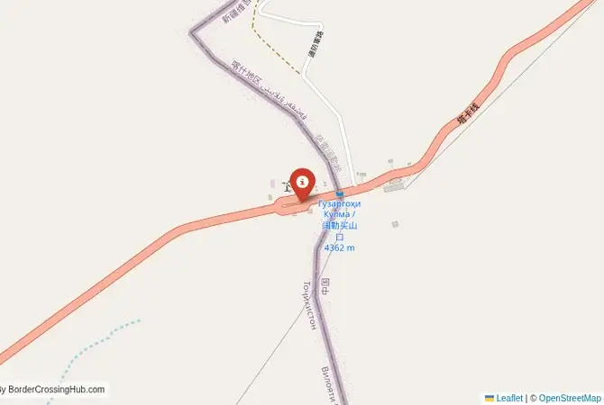 Close-up map showing a border crossing point with marker at the selected land port of entry between Tajikistan and China