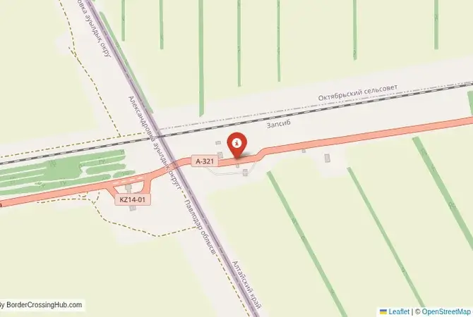 Close-up map showing a border crossing point with marker at the selected land port of entry between Kazakhstan and Russia