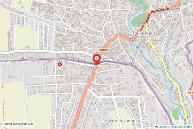 Close-up map showing a border crossing point with marker at the selected land port of entry between Kyrgyzstan and Tajikistan