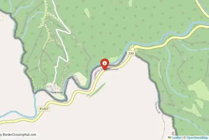 Close-up map showing a border crossing point with marker at the selected land port of entry between North Macedonia and Serbia