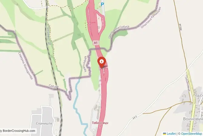 Close-up map showing a border crossing point with marker at the selected land port of entry between North Macedonia and Serbia