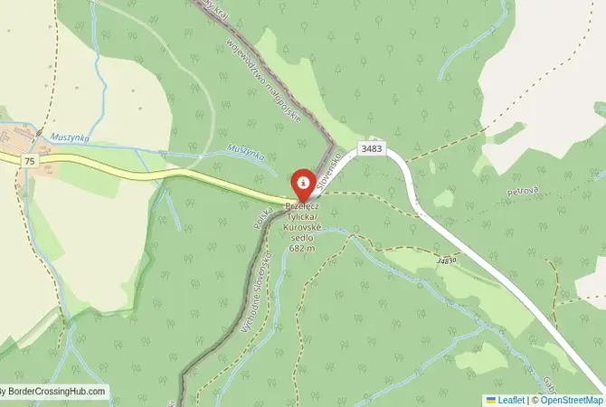 Close-up map showing a border crossing point with marker at the selected land port of entry between Slovakia and Poland