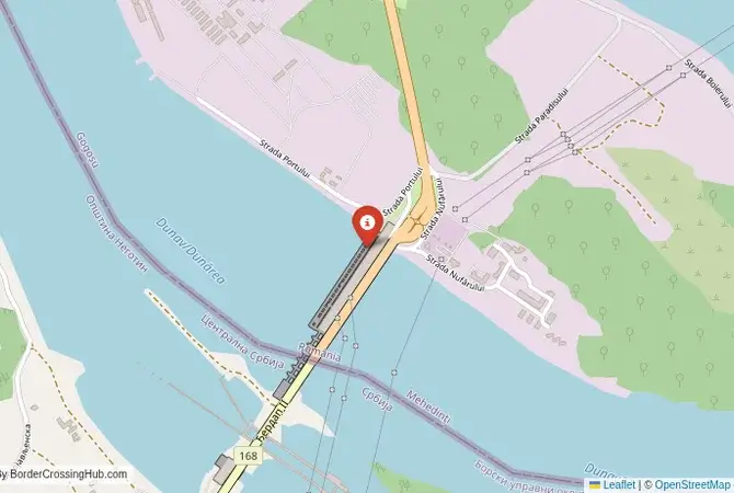 Close-up map showing a border crossing point with marker at the selected land port of entry between Romania and Serbia