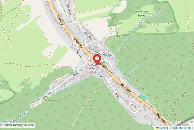 Close-up map showing a border crossing point with marker at the selected land port of entry between Slovakia and Czechia