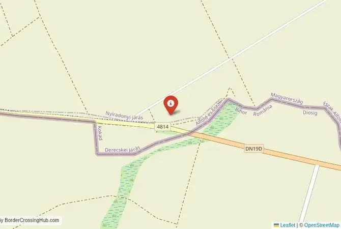 Close-up map showing a border crossing point with marker at the selected land port of entry between Hungary and Romania