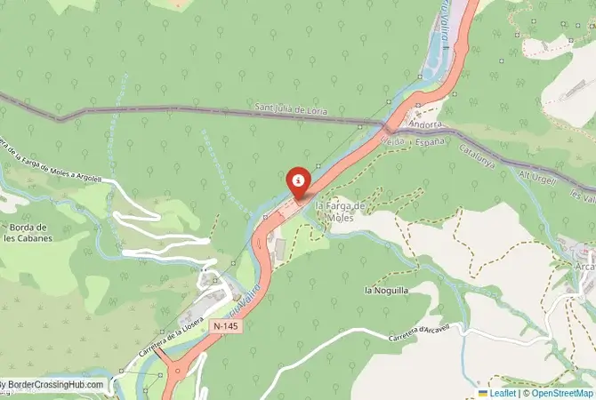 Close-up map showing a border crossing point with marker at the selected land port of entry between Spain and Andorra