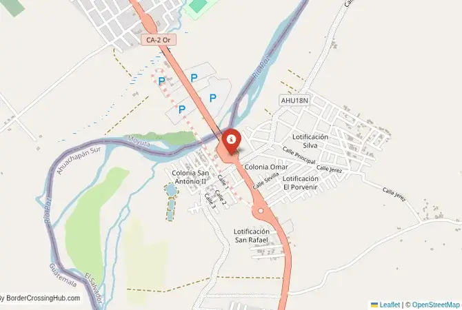 Close-up map showing a border crossing point with marker at the selected land port of entry between Guatemala and El Salvador