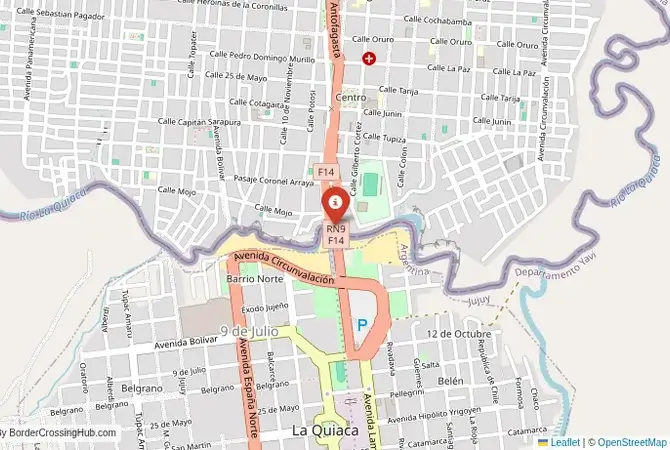 Close-up map showing a border crossing point with marker at the selected land port of entry between Argentina and Bolívia