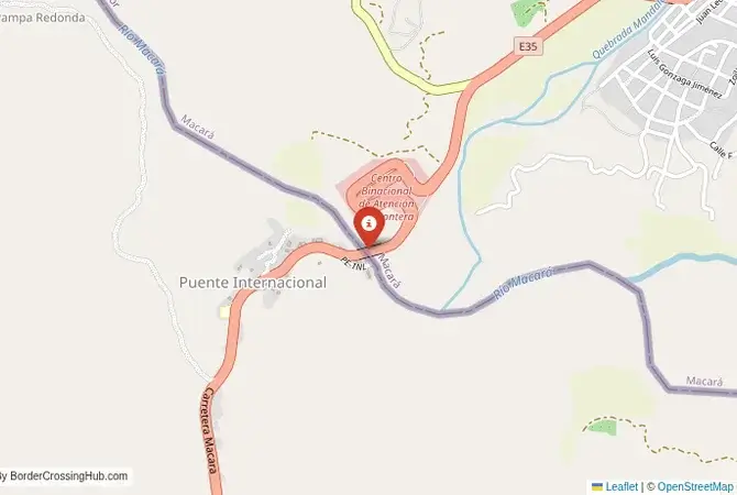 Close-up map showing a border crossing point with marker at the selected land port of entry between Ecuador and Peru