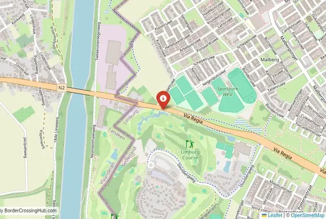 Close-up map showing a border crossing point with marker at the selected land port of entry between Netherlands and Belgium