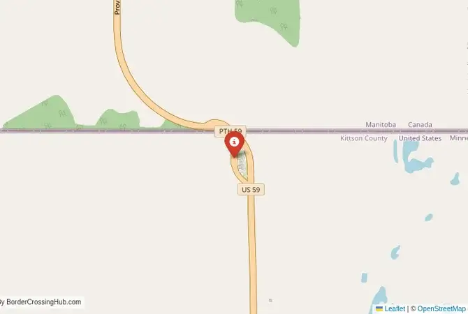 Close-up map showing a border crossing point with marker at the selected land port of entry between United States and Canada