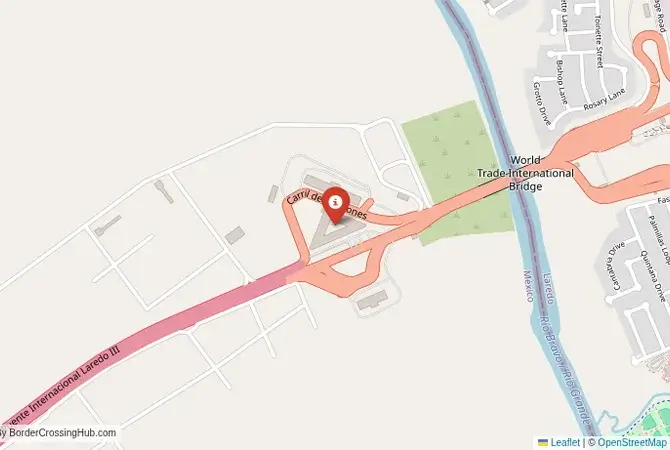 Close-up map showing a border crossing point with marker at the selected land port of entry between United States and Mexico