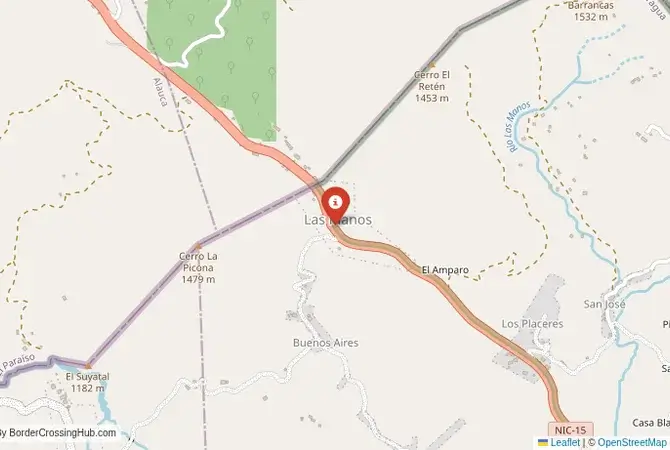 Close-up map showing a border crossing point with marker at the selected land port of entry between Honduras and Nicaragua