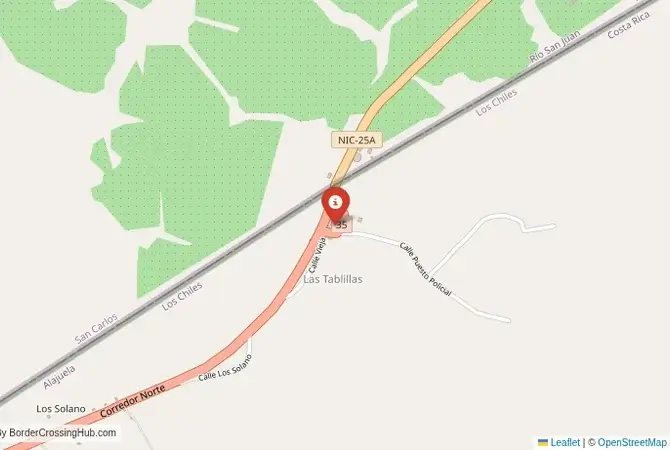 Close-up map showing a border crossing point with marker at the selected land port of entry between Nicaragua and Costa Rica