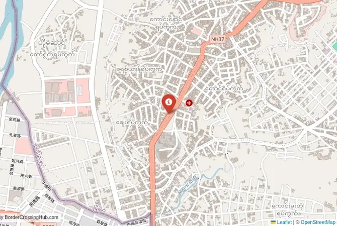 Close-up map showing a border crossing point with marker at the selected land port of entry between China and Myanmar