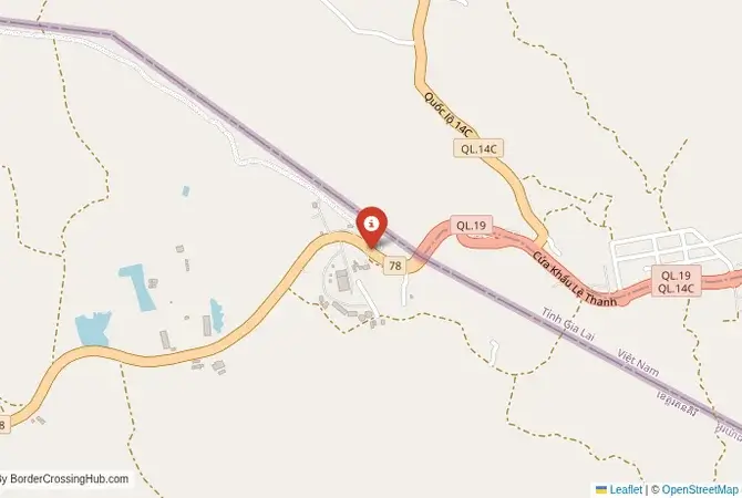 Close-up map showing a border crossing point with marker at the selected land port of entry between Cambodia and Vietnam