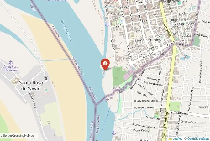 Close-up map showing a border crossing point with marker at the selected land port of entry between Colômbia and Peru