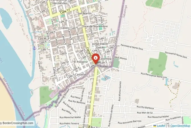 Close-up map showing a border crossing point with marker at the selected land port of entry between Brazil and Colombia