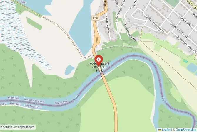 Close-up map showing a border crossing point with marker at the selected land port of entry between Moldova and Romania
