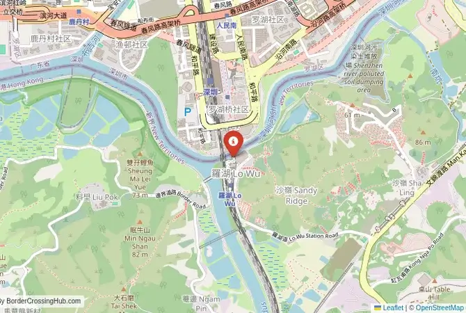 Close-up map showing a border crossing point with marker at the selected land port of entry between Hong Kong and China