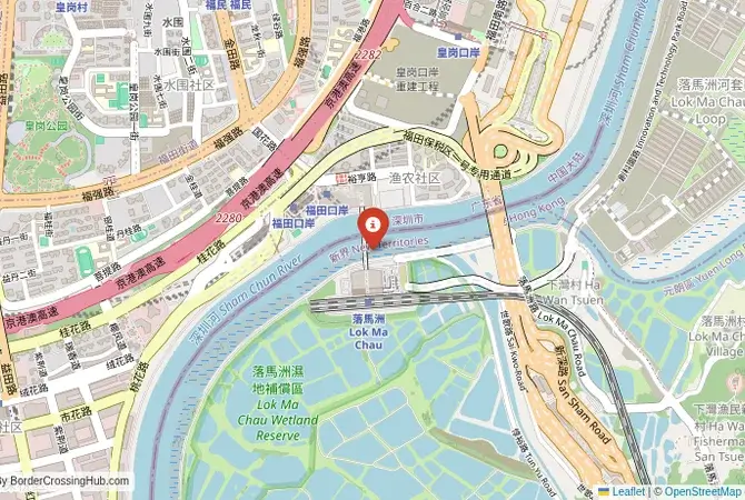 Close-up map showing a border crossing point with marker at the selected land port of entry between Hong Kong and China