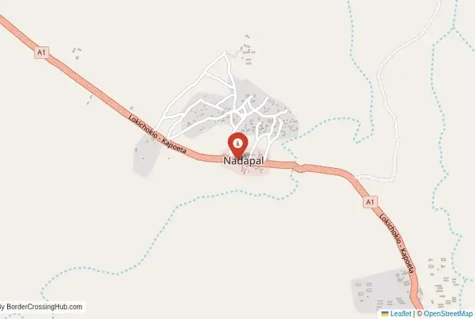 Close-up map showing a border crossing point with marker at the selected land port of entry between South Sudan and Kenya