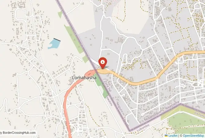 Close-up map showing a border crossing point with marker at the selected land port of entry between Mozambique and Eswatini